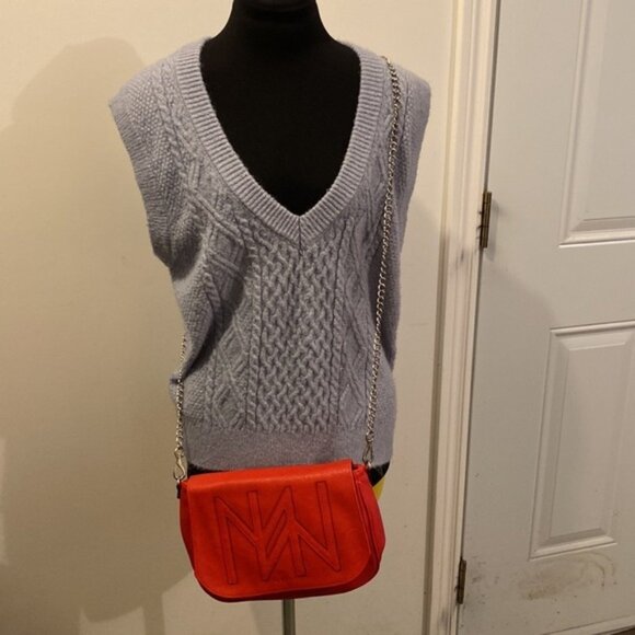 Miche Red Leather Chain Link Cross Body Shoulder Bag Purse Women’s Plaid Lining - Picture 2 of 10